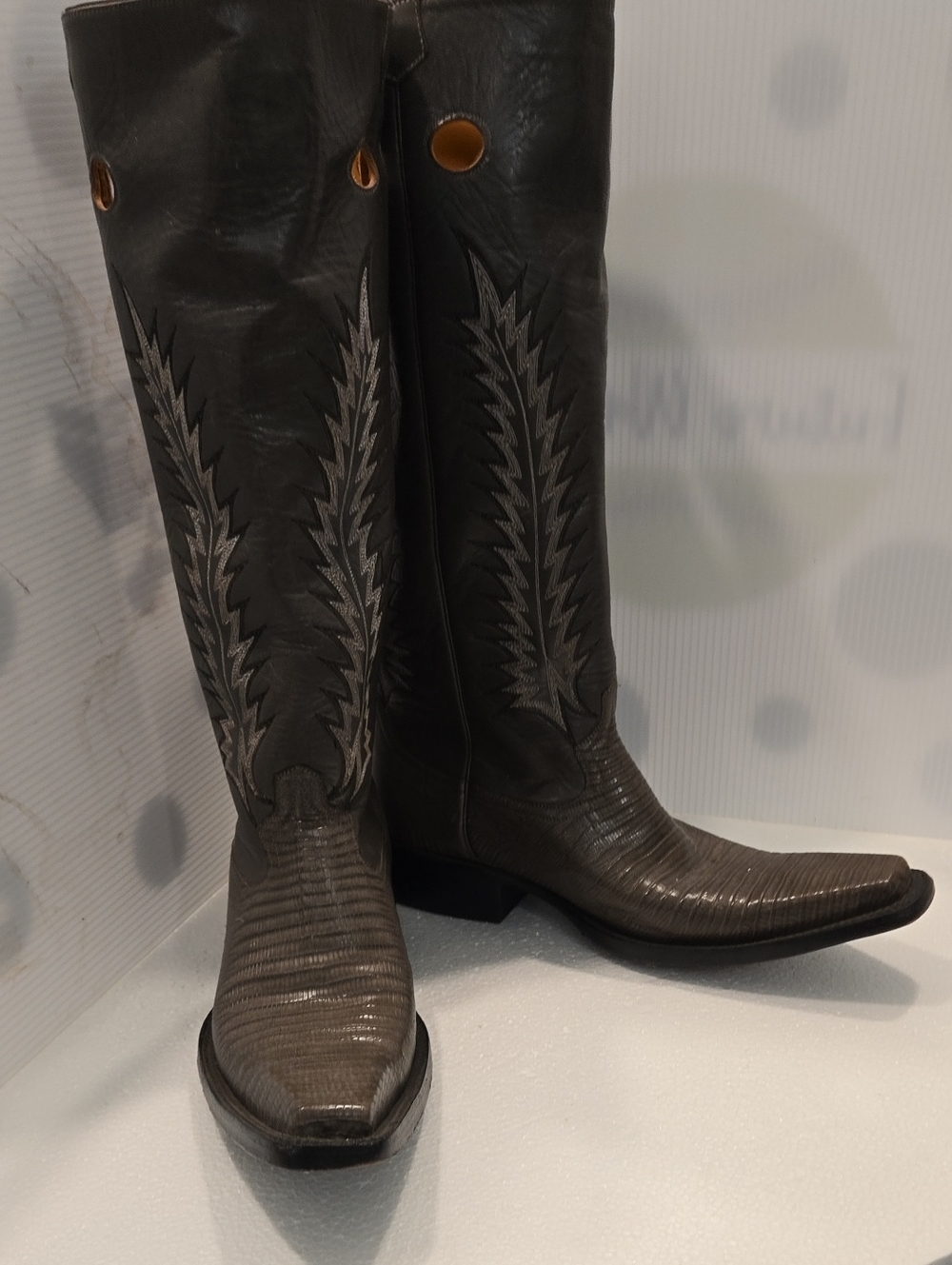 Lizard Champion Attitude gray cowboy boots Yellow Lined with Black Logo Patch